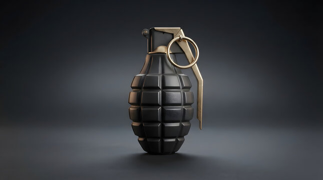 Single black grenade with golden pull pin isolated against dark gradient background for military equipment.