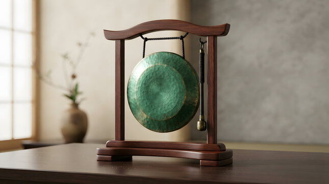 Traditional handcrafted green metal gong on wooden stand with mallet for meditation and ritual ceremony.