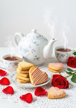Elegant ceramic teapot and heart-shaped cookies rest on a white lace tablecloth with scattered red rose petals and steaming cups of tea, table, brunch, biscuits