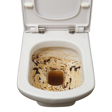 Dirty toilet bowl with stains on transparent background. Filthy ceramic commode needing cleaning and maintenance. Sanitary issue, hygiene problem and household mess. Plumbing service concept.