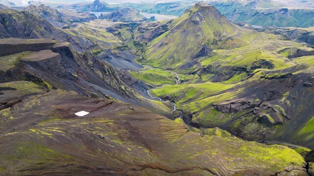Scenic aerial view of &THORN;&oacute;rsm&ouml;rk (Thorsmork) valley in Iceland.