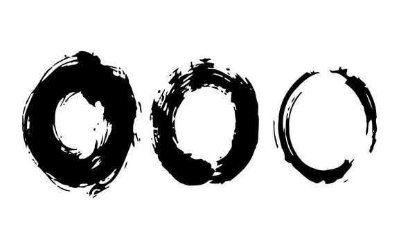 Three abstract black circles with textured brushstroke effects on a clean white background