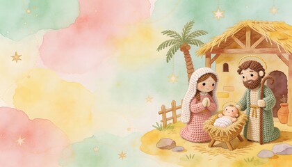 Fototapeta premium Knitted nativity scene with woman, man, and baby Jesus beside a rustic stable. Religious Christmas illustration with soft pastel background and copy space for greeting card design