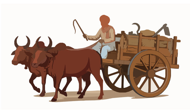 Indian Farmer Driving Traditional Bullock Cart with Oxen Vector Illustration