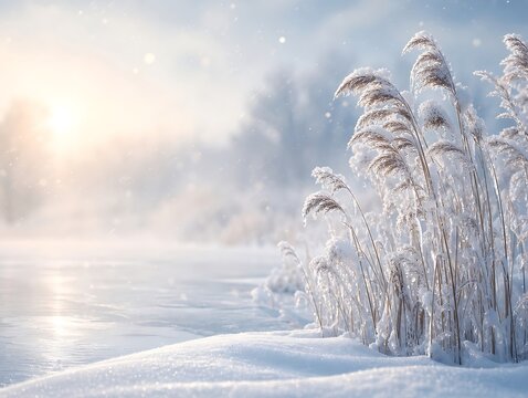 Tall dry reeds covered in white frost standing on the edge of a frozen lake during a cold winter morning with soft sunlight and falling snow