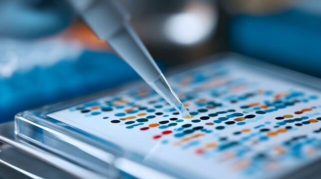 A pipette dispenses liquid onto a multi well plate with colorful spots arranged in rows for scientific analysis