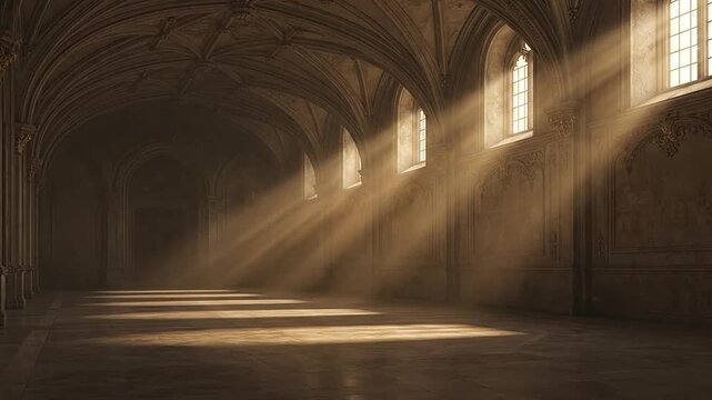Sunlight beams streaming through windows into a historic stone hall