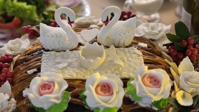 Close-up of dough swans and roses on a traditional wedding bread korovai. Ceremonial bread