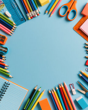 Student desk organization school supply pencil stationery, colorful classroom item arranged around blue copy space, clean flat lay for education study note craft