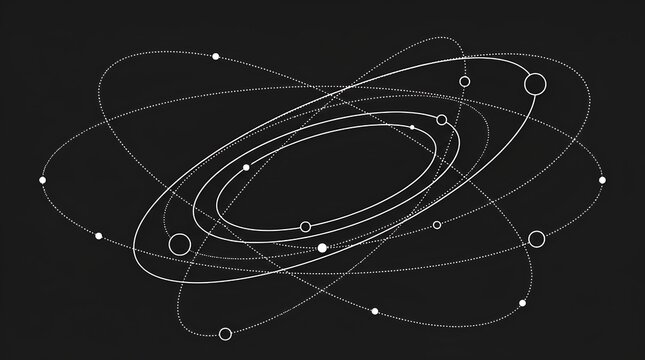 Abstract white orbital lines on black background.