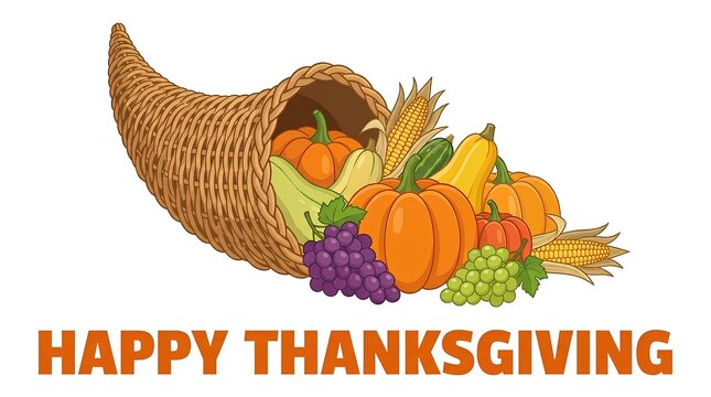 Abundant Thanksgiving cornucopia with autumn harvest produce.