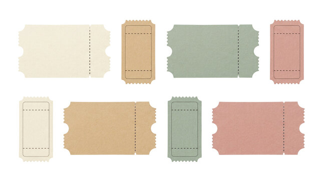 Vintage paper ticket set, retro blank raffle tickets in pastel colors, antique cinema and event admission stubs on white background