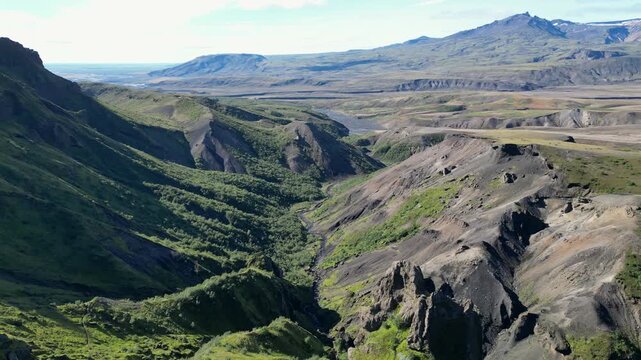 Scenic aerial view of &THORN;&oacute;rsm&ouml;rk (Thorsmork) valley in Iceland.