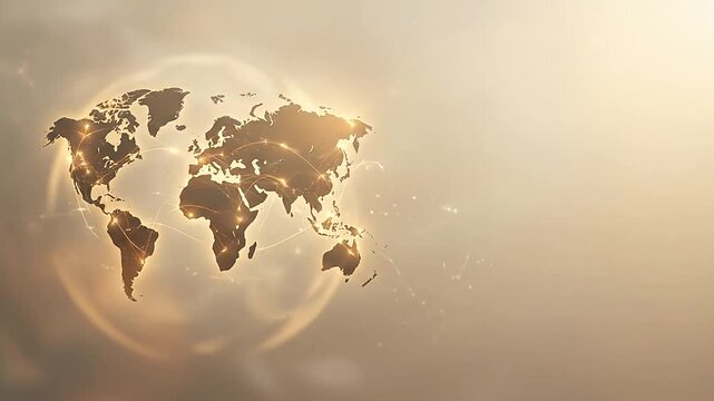 Global network map with glowing connection lines on gold background