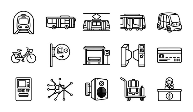 Transportation and public transport icons including metro, bus, tram, and taxi outline solid styles, UI and web interface.