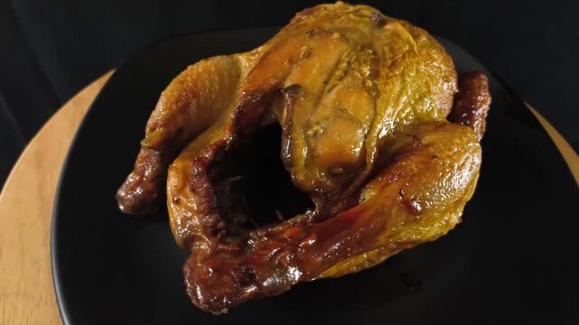 A delicious freshly baked whole chicken spinning slowly on a turntable display, showcasing its juicy texture from all angles.
