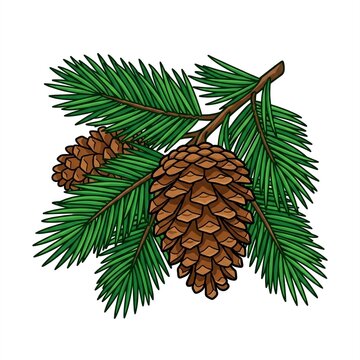 Two pinecones on a pine branch illustration with detailed green needles, isolated on white background. Hand-drawn botanical clipart for nature and Christmas designs