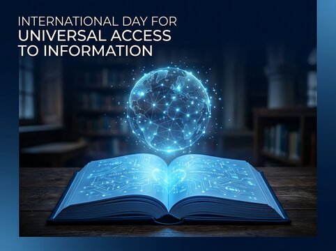 Futuristic open book with digital globe illustrating universal access to information concept beautifully