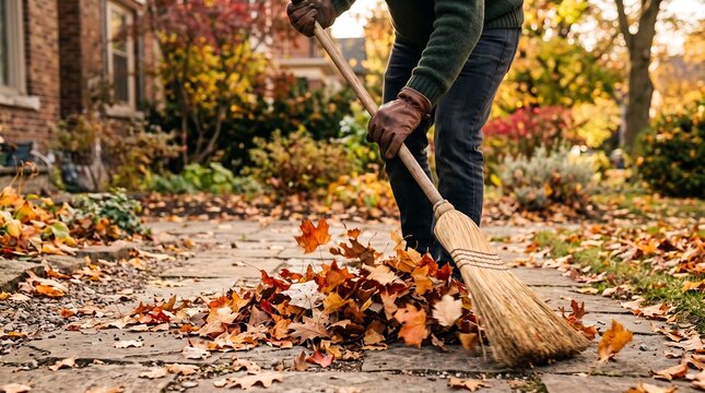 Person sweeping fallen autumn leaves from a stone pathway in front of a house