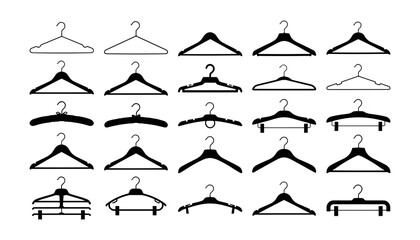 Fototapeta premium Large collection of realistic clothes hanger icons in black silhouette and wire outline formats for apparel organization retail website templates 