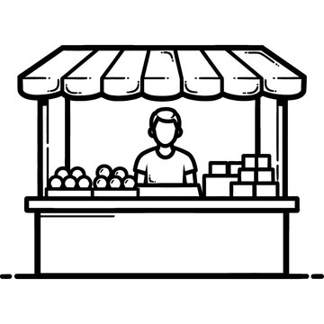 Black and White Line Art Vector Illustration of a Market Vendor at a Food Stall