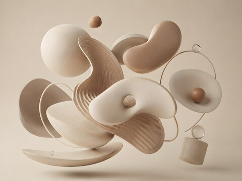 Soft Neutral Organic 3D Abstract Shapes in Beige Cream and Taupe with Minimal Contemporary Aesthetic Premium 16K