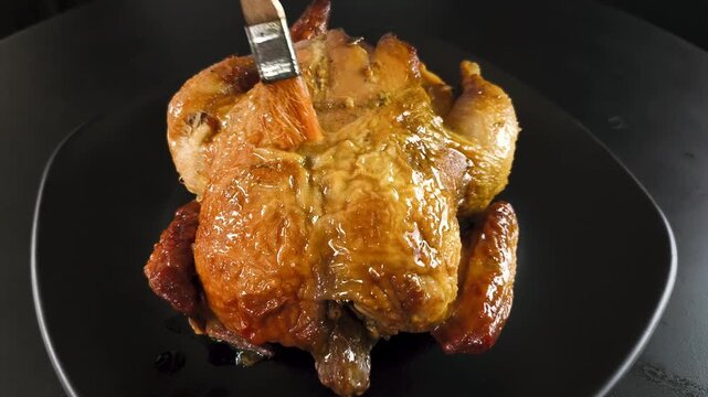 A close-up shot of a person using a wooden pastry brush to apply a layer of glossy olive oil or marinade over a whole golden-brown roasted chicken.