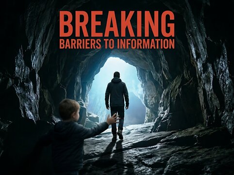 Man and child walking through a dark cave tunnel toward bright light symbolizing hope and guidance