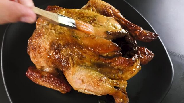 A close-up shot of a person using a wooden pastry brush to apply a layer of glossy olive oil or marinade over a whole golden-brown roasted chicken.
