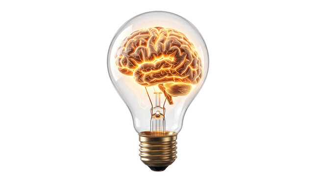 Glowing human brain inside light bulb, creative intelligence concept, bright idea and innovation symbol, mental power and psychology isolated PNG with Transparent Background