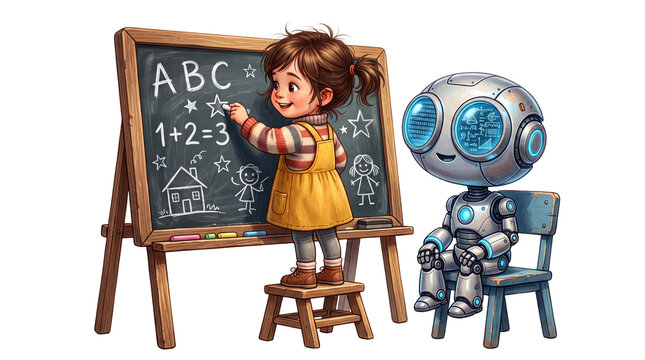 Whimsical illustration of a young girl teaching a cute robot at a chalkboard, educational technology concept, AI learning in classroom isolated PNG with Transparent Background