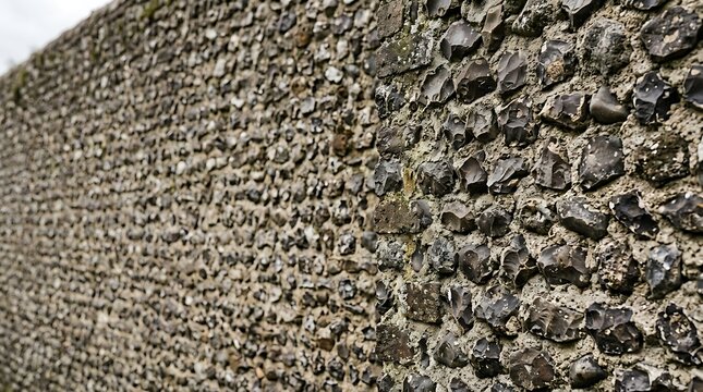 Close up of an ancient flint stone wall with rough texture