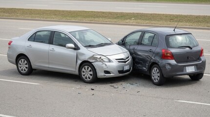 Naklejka premium A silver sedan and a dark hatchback involved in a minor car accident on a paved road surface