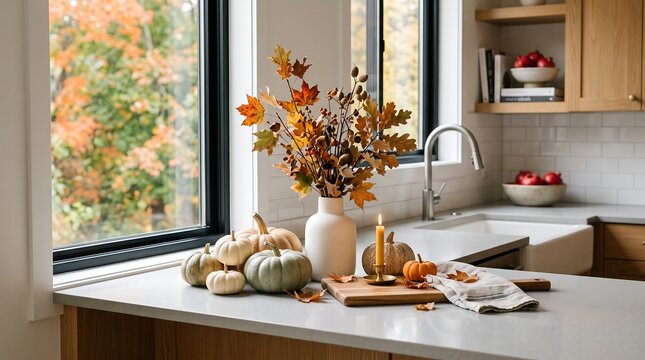 Cozy Autumn Kitchen Decor with Pumpkins and Fall Foliage