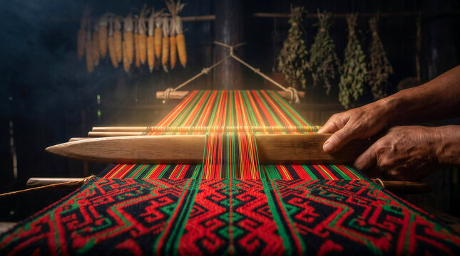 Artisan hands weaving intricate traditional textile on wooden loom with rustic village background.