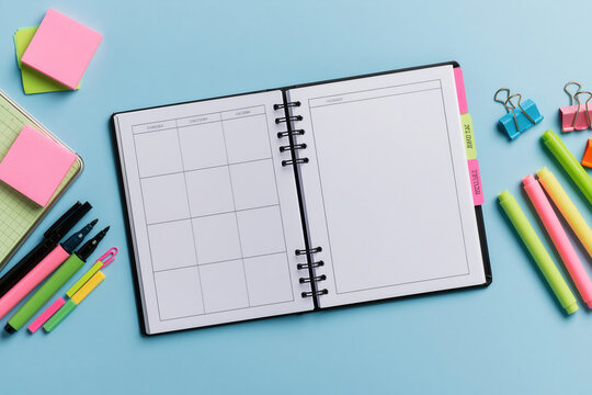 Planner template open blank lesson teacher class notebook stationery schedule Open blank lesson planner template with class schedule page, notebook binder, pen, marker, sticky note, clip