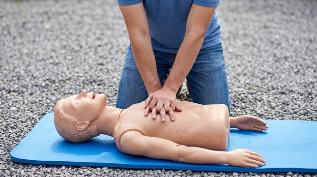 CPR Training on Mannequin &ndash; Hands Performing Chest Compressions During First Aid and Emergency Response Practice