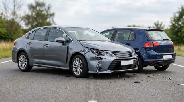 A serious car accident involving a grey sedan and a blue hatchback on a public road during daytime