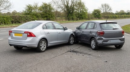 Fototapeta premium A silver sedan and a dark hatchback involved in a minor road car accident on a rural road