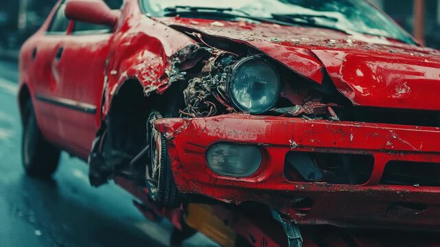 A destroyed red vehicle on the road