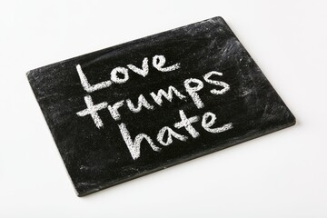 Fototapeta premium Black chalkboard with white chalk lettering reading Love trumps hate on a pure white background