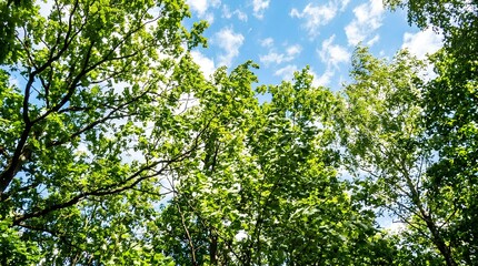 Fototapeta premium Close up of green tree leaves against blue sky.