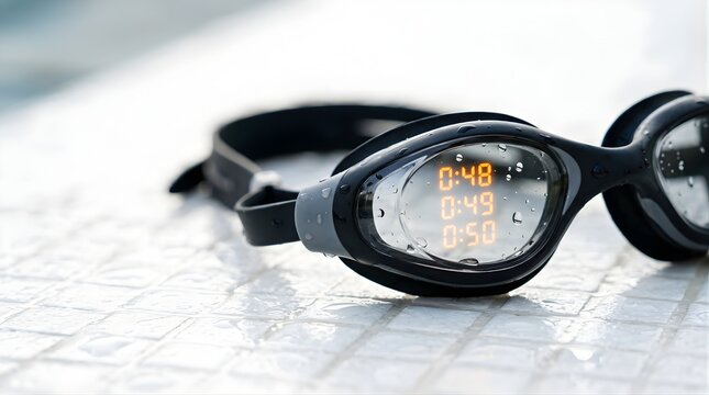 Black swimming goggles with digital timer display on a tiled pool edge