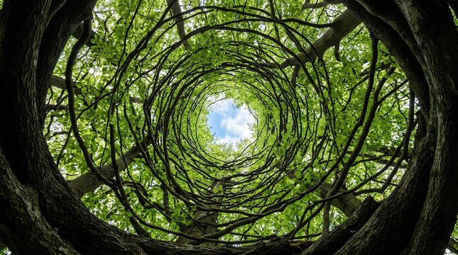 Abstract spiral of tree branches looking towards sky.