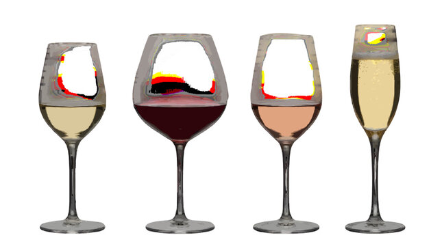 Four different types of wine glasses with white, red, ros&eacute;, and sparkling champagne  on transparent background. Row of elegant wine glasses with various wine varieties&mdash; Pinot Grigio, Cabernet, Ros&eacute;.