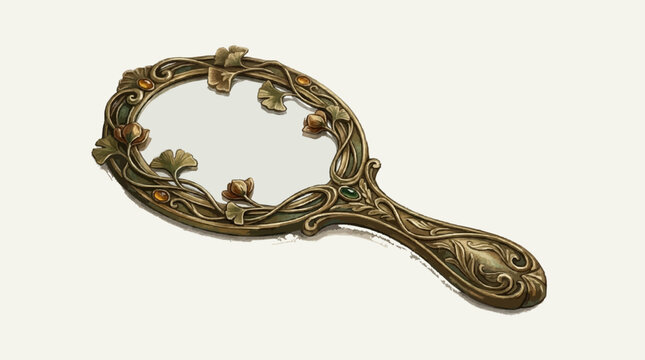 Vintage ornate handheld mirror with intricate floral design and gemstones