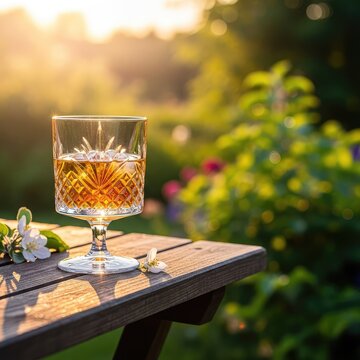 A crystal glass filled with golden apple brandy sits on a rustic wooden table in a lush garden during a warm, hazy sunset with soft bokeh, relaxation, backyard, snifter