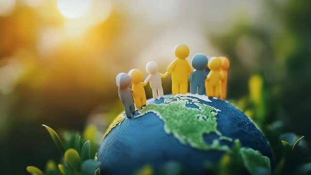 This is an of a diverse team standing on the Earth holding hands, representing global collaboration and unity.