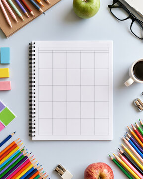 Notebook planner teacher template printable pencil color apple desk stationery spiral notebook with blank grid page colored pencil sticky note eyeglass coffee cup sharpener school supply flat lay