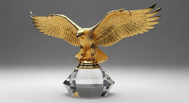 Golden eagle statue perched atop a crystal base with intricate geometric patterns.